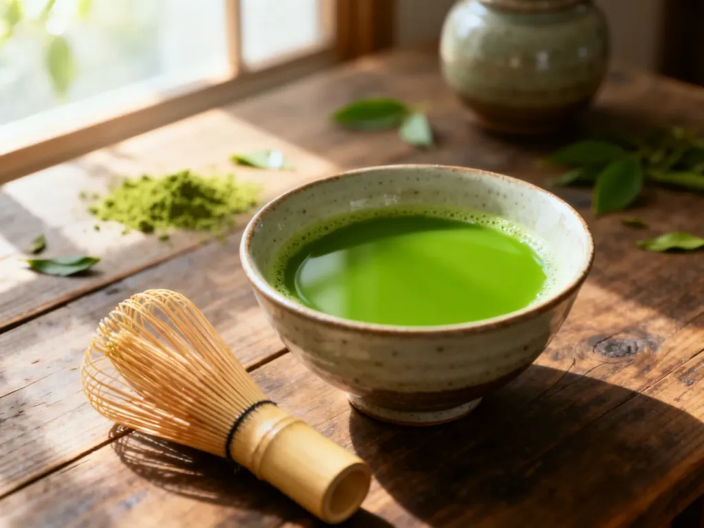 Miska z zieloną herbatą matcha i bambusowa miotełka na drewnianym stole w promieniach porannego słońca.