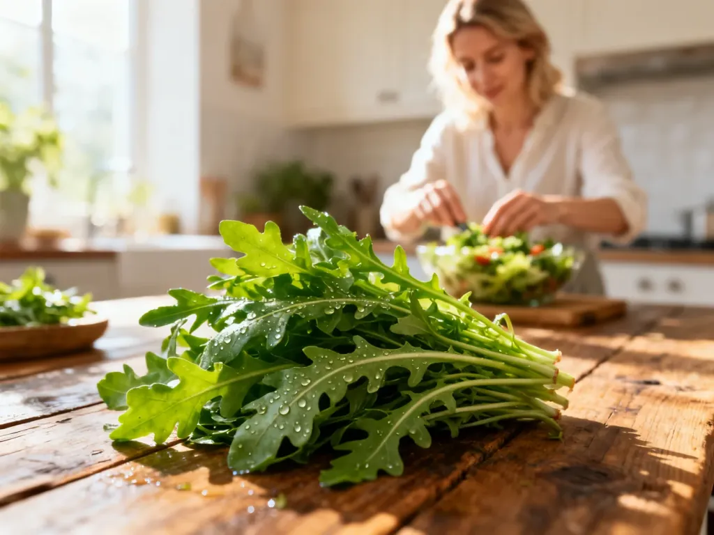 Świeża rukola z kroplami wody na drewnianym stole, w tle kobieta przygotowująca sałatkę w jasnej kuchni.