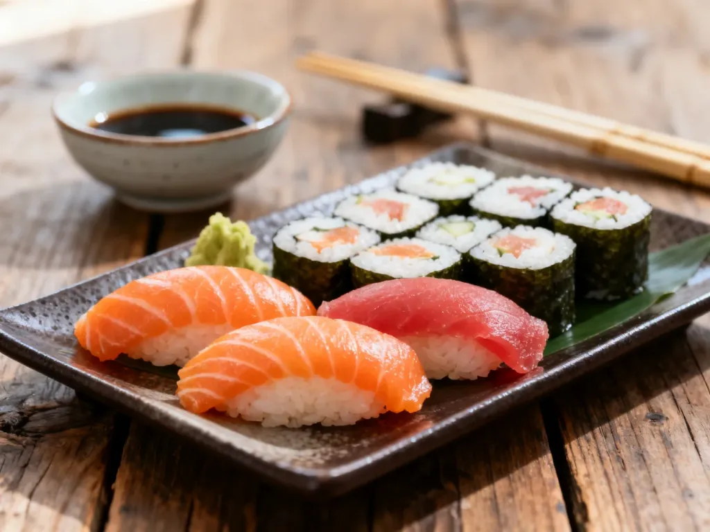 Świeży zestaw sushi z łososiem i tuńczykiem podany na drewnianym stole, prezentujący wartościowe składniki dania.