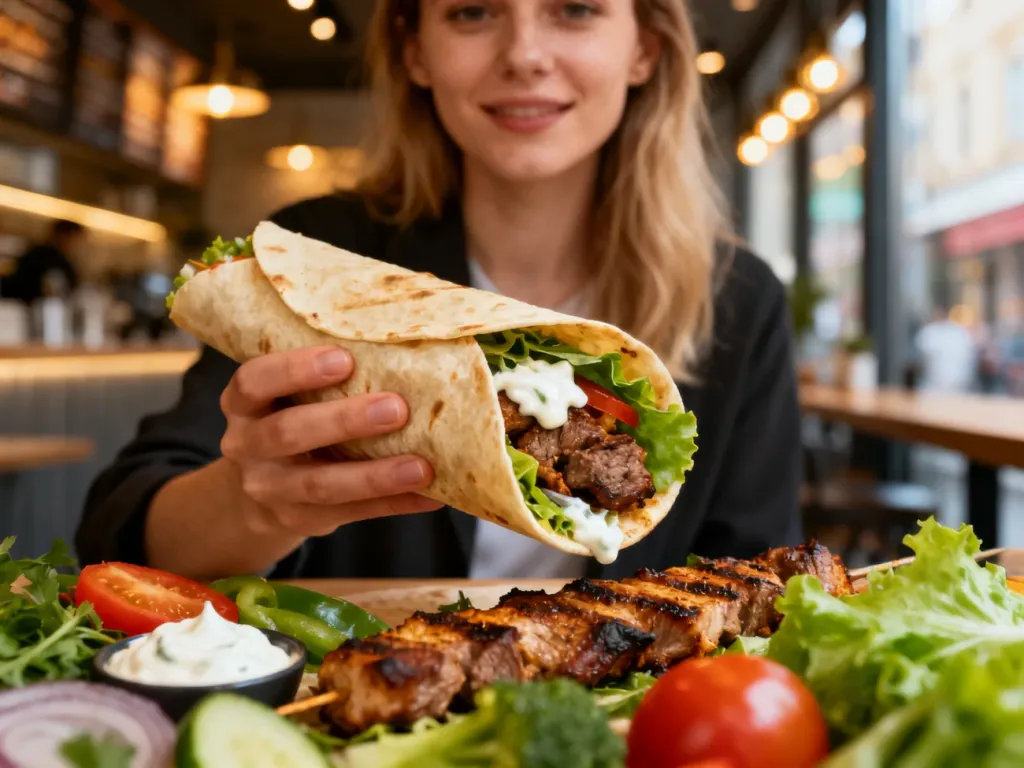 Apetyczny kebab w tortilli z dużą ilością świeżych warzyw i mięsa, trzymany w dłoni w nowoczesnym lokalu gastronomicznym.