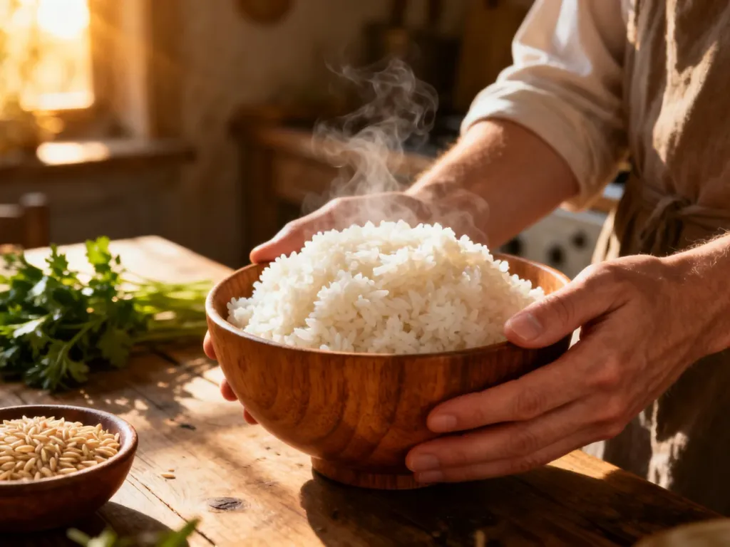 Miska parującego, puszystego ryżu jaśminowego w rustykalnej kuchni, podkreślająca naturalność i jakość produktu.