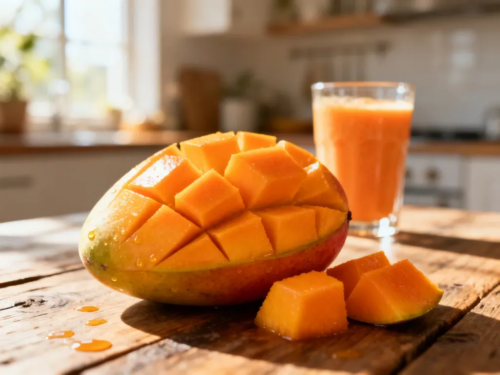 Soczyste kawałki dojrzałego mango na drewnianym stole, obok szklanka świeżego smoothie w słonecznej kuchni.