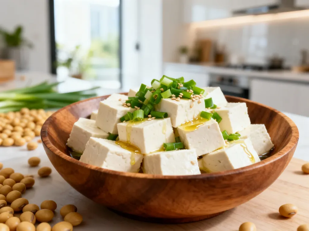Miska z kostkami tofu posypanymi szczypiorkiem i polanymi olejem sezamowym, ustawiona na tle nowoczesnej kuchni.