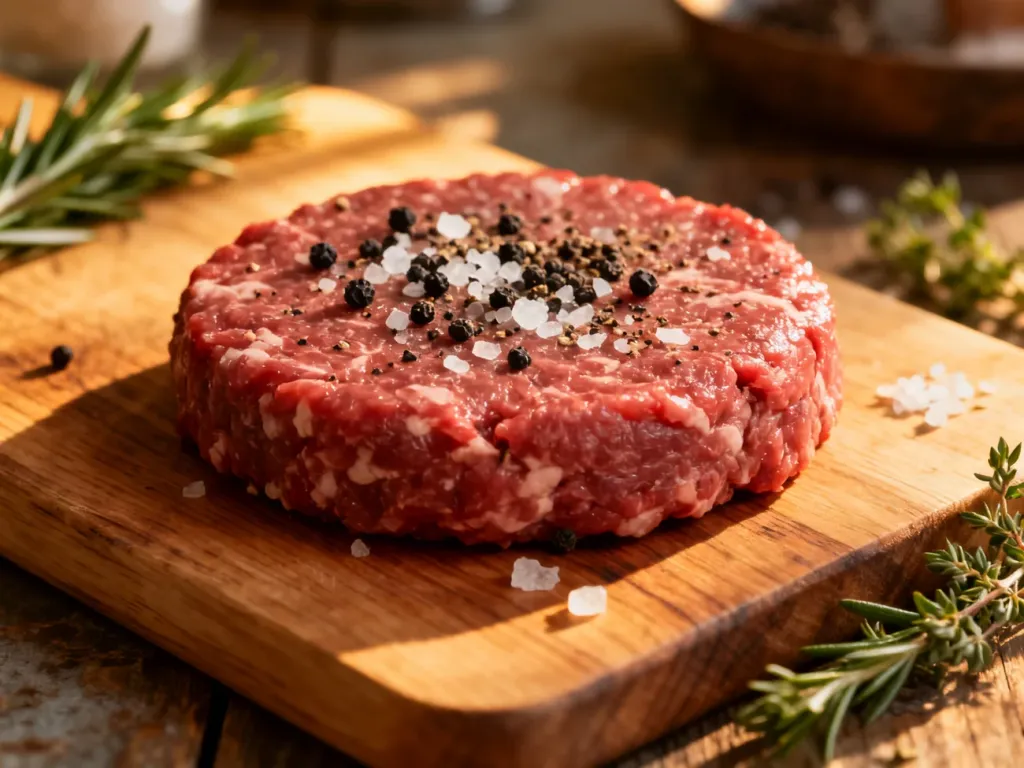 Surowy kotlet wołowy na drewnianej desce, posypany solą morską i pieprzem, przygotowany do smażenia burgera.