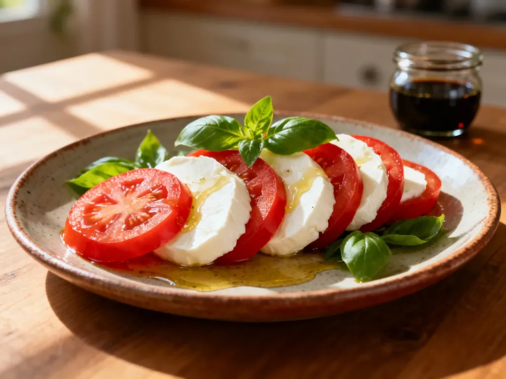 Świeża sałatka caprese z pomidorami, mozzarellą i bazylią na rustykalnym talerzu, skropiona oliwą z oliwek.