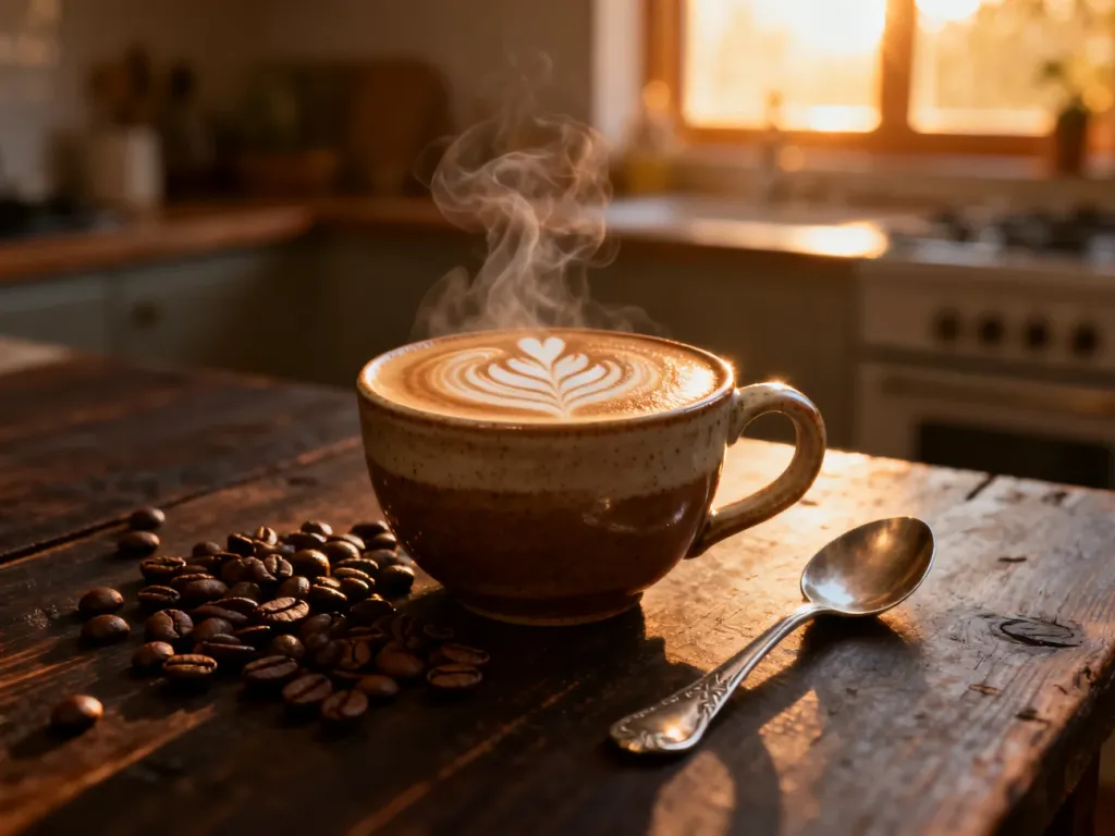 Parująca filiżanka kawy z wzorem latte art, ziarnami kawy i łyżeczką na drewnianym stole w ciepłym, porannym świetle.