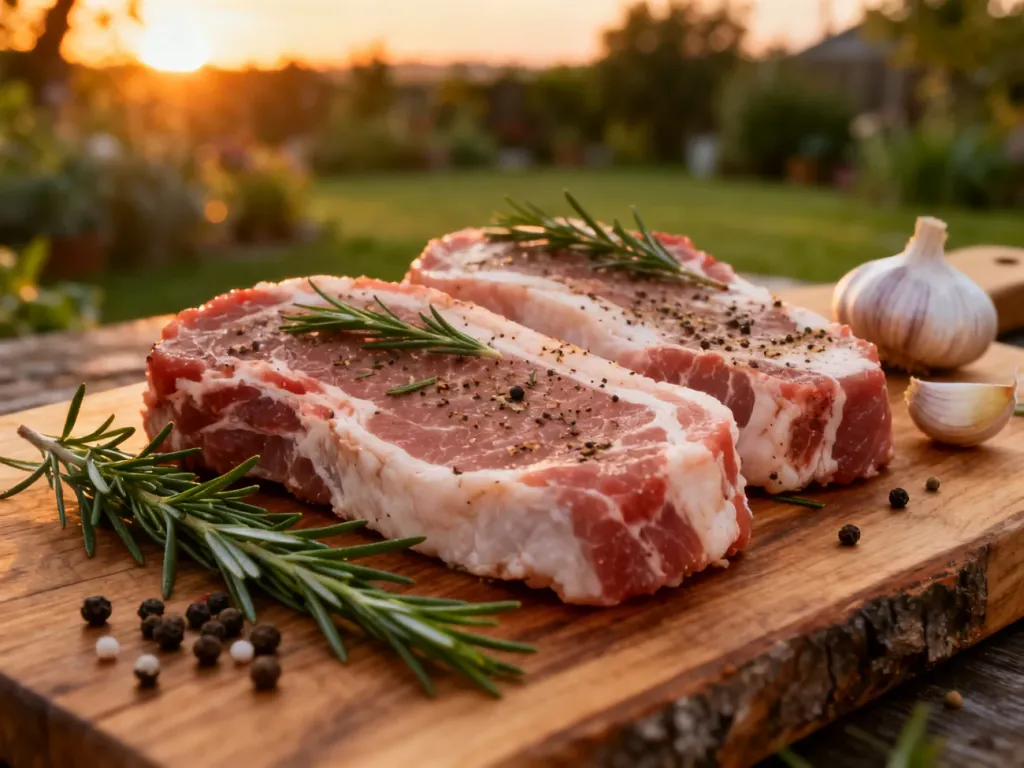 Surowe plastry karkówki z przyprawami, czosnkiem i rozmarynem na drewnianej desce, przygotowane do grillowania.