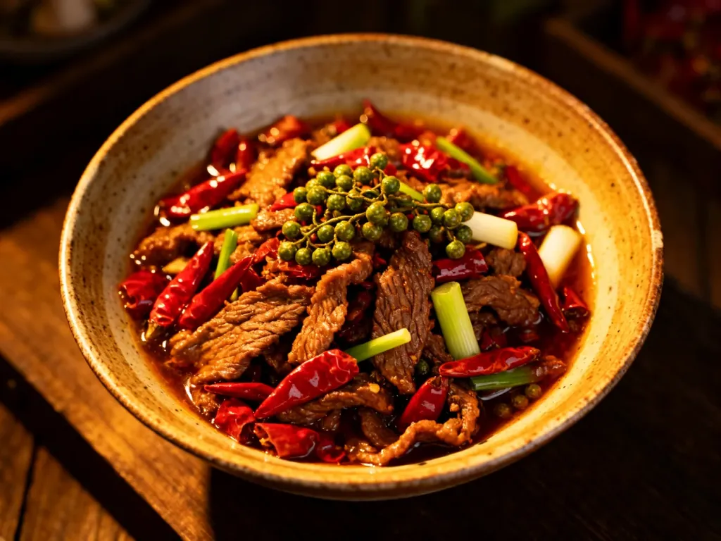 Pikantna wołowina po seczuańsku z papryczkami chili i zieloną cebulką, podana w rustykalnej misce.