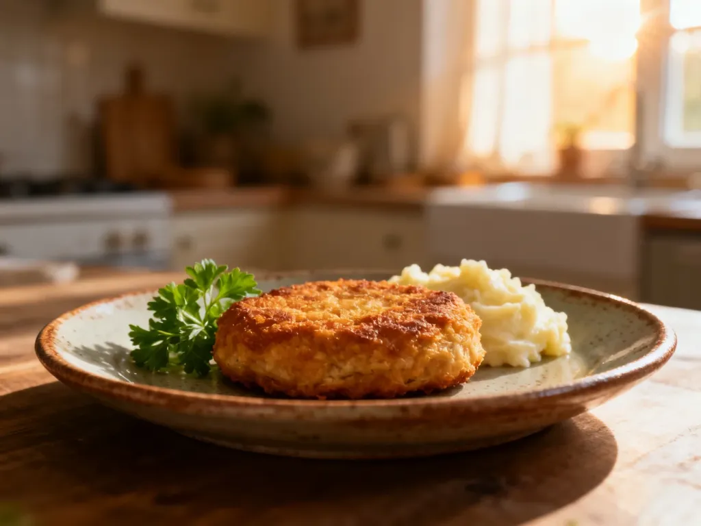 Złocisty kotlet pożarski z puree ziemniaczanym i świeżymi ziołami na rustykalnym talerzu.