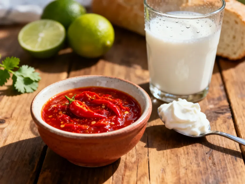 Miska ostrego sosu chili obok szklanki mleka i jogurtu, które pomagają złagodzić piekący smak potrawy.