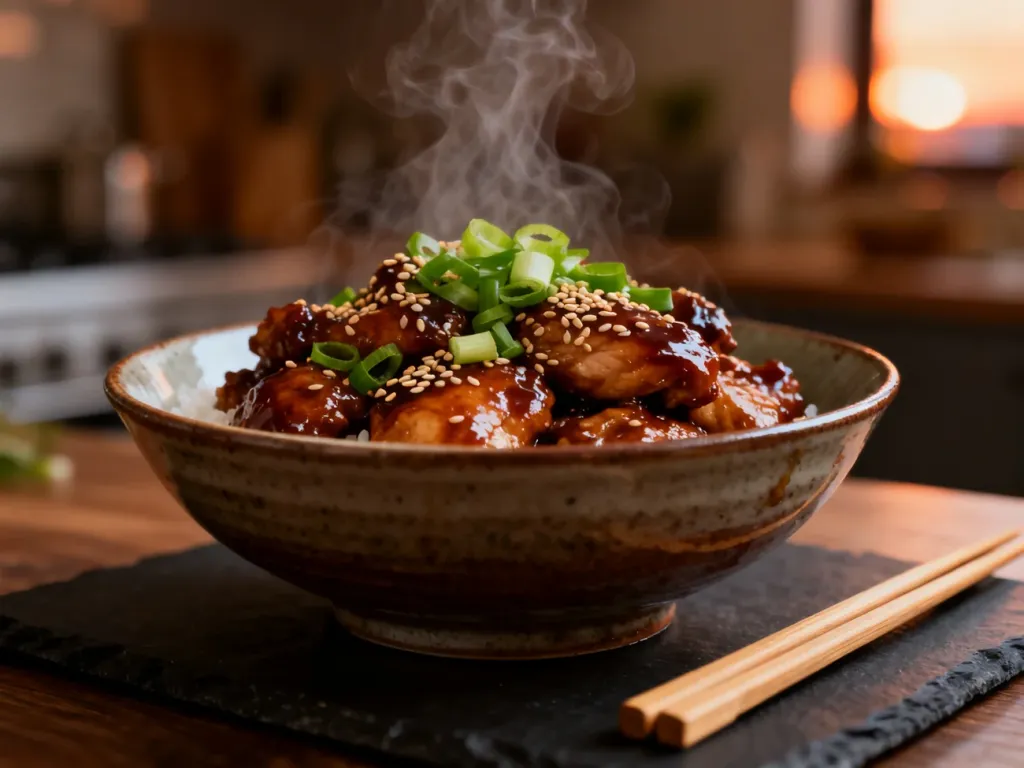 Miska z błyszczącym kurczakiem teriyaki posypanym sezamem i szczypiorkiem, podana z pałeczkami na ciemnym tle.