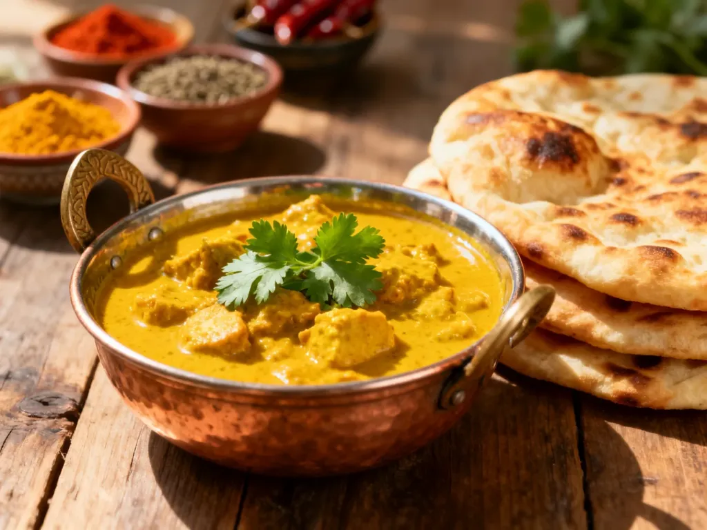 Miedziana miseczka z aromatycznym żółtym curry, świeżą kolendrą i ciepłym chlebkiem naan na rustykalnym stole.