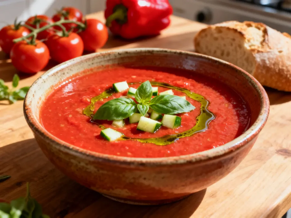 Miska czerwonego gazpacho z oliwą, bazylią i ogórkiem, otoczona świeżymi warzywami oraz pieczywem na drewnianym stole.